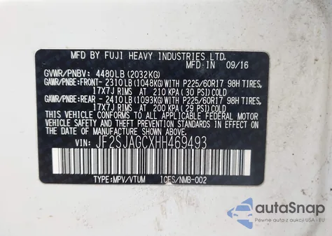 2017 Subaru Forester 2.5I Premium z USA, uszkodzony, nr VIN JF2SJAGCXHH469493